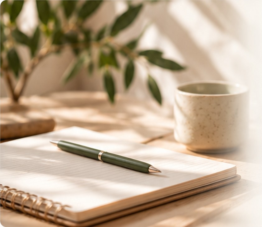 Carnet, stylo et tasse